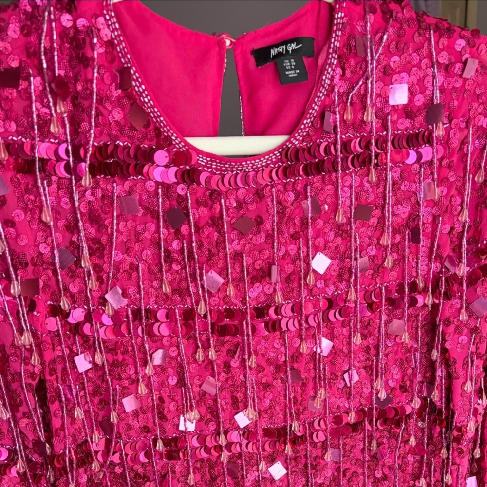 Nasty Gal Pink Sequin Fringe Mini Dress Long Bell Sleeve Beaded Glam Party Sz 6 - Picture 4 of 7